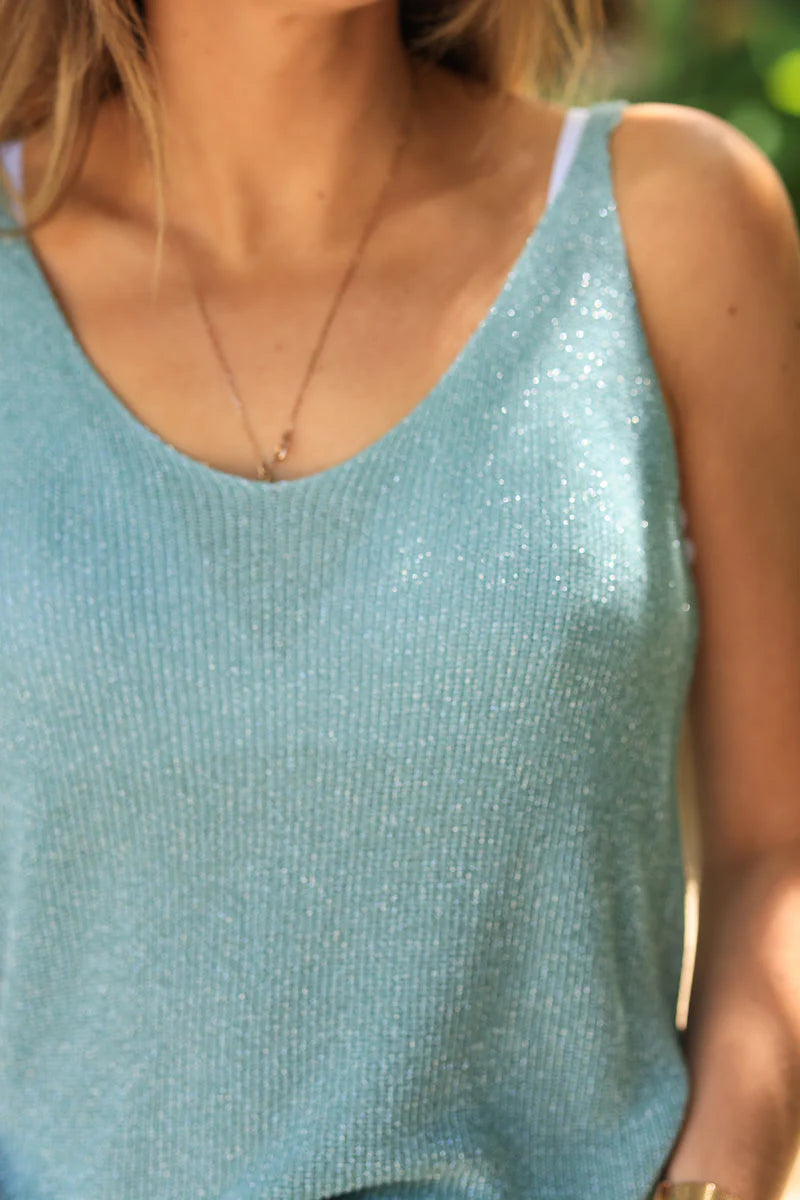 Celadon green fine knit lurex tank top