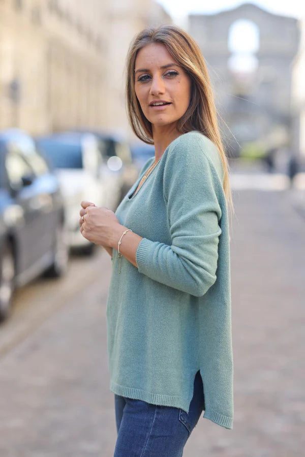 Celadon green soft basic V-neck sweater