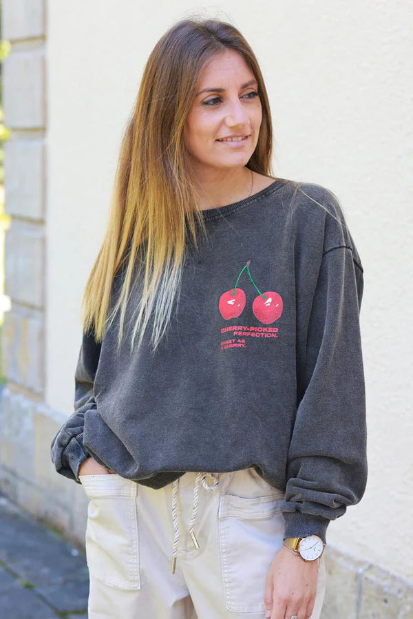 Cherry Perfection Black Cotton Pullover Sweater