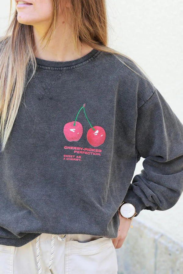 Cherry Perfection Black Cotton Pullover Sweater