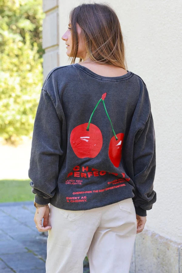 Cherry Perfection Black Cotton Pullover Sweater