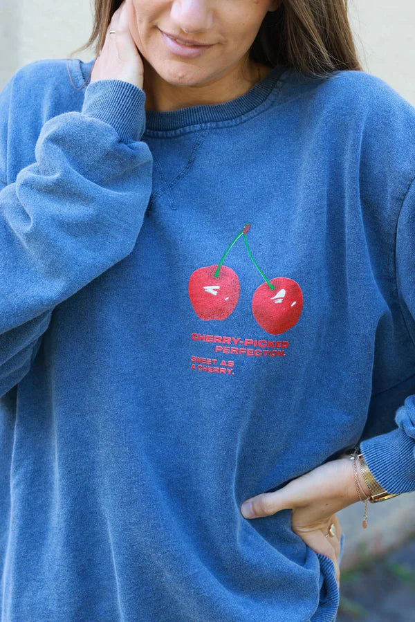 Cherry Perfection Dusty blue Cotton Pullover Sweater