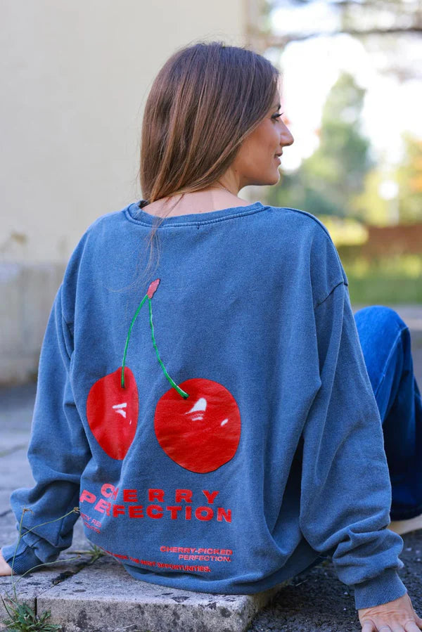 Cherry Perfection Dusty blue Cotton Pullover Sweater