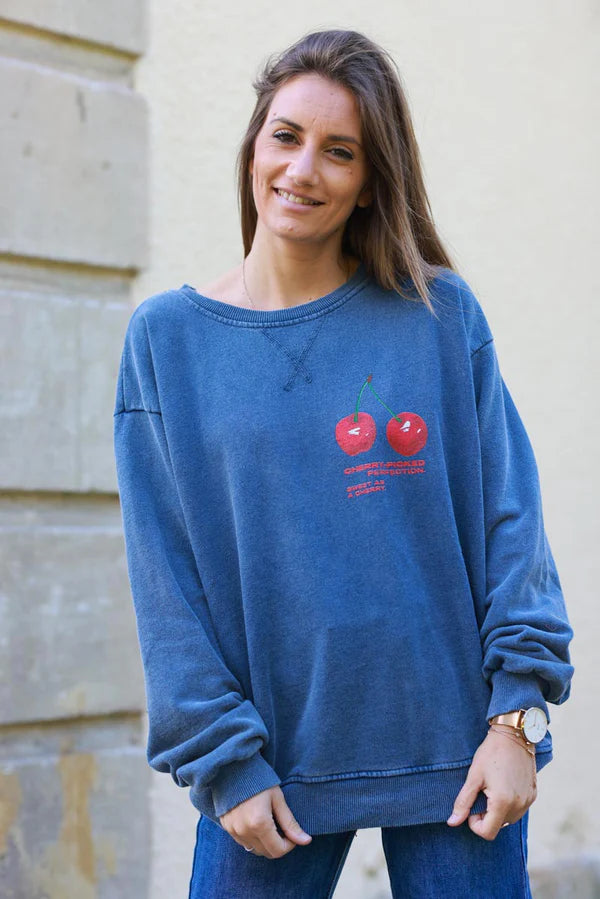 Cherry Perfection Dusty blue Cotton Pullover Sweater