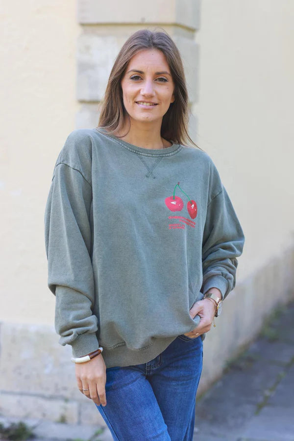 Cherry Perfection Olive Cotton Pullover Sweater