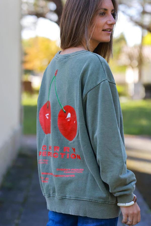 Cherry Perfection Olive Cotton Pullover Sweater