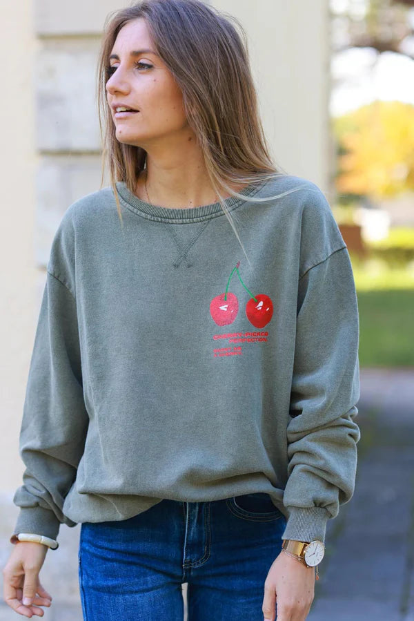 Cherry Perfection Olive Cotton Pullover Sweater