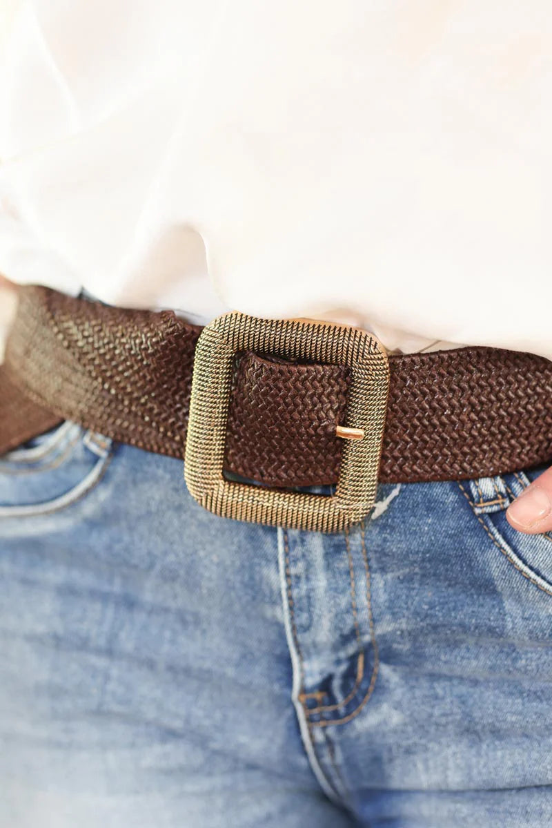 Chocolate braided belt with square gold buckle