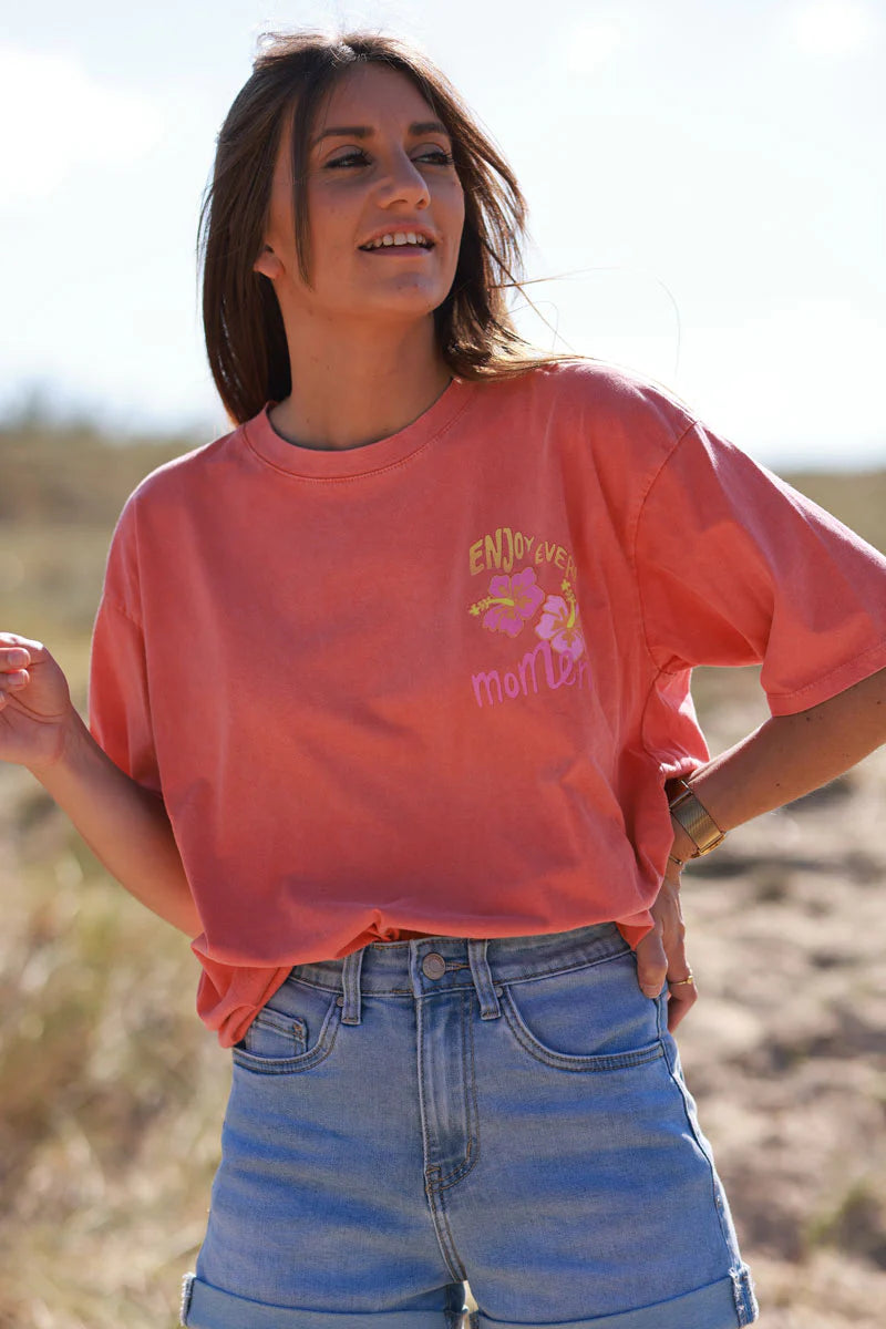 Coral “Enjoy Every Moment” Hibiscus Tee