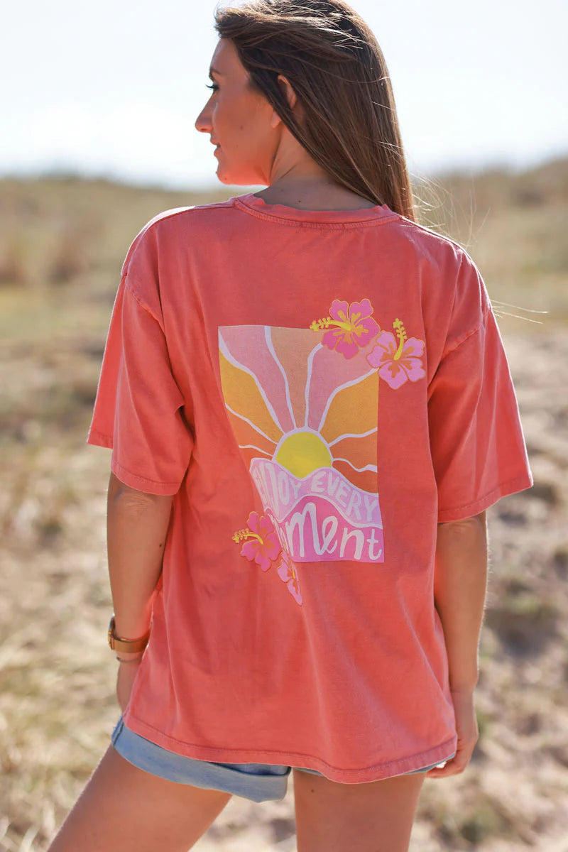 Coral “Enjoy Every Moment” Hibiscus Tee