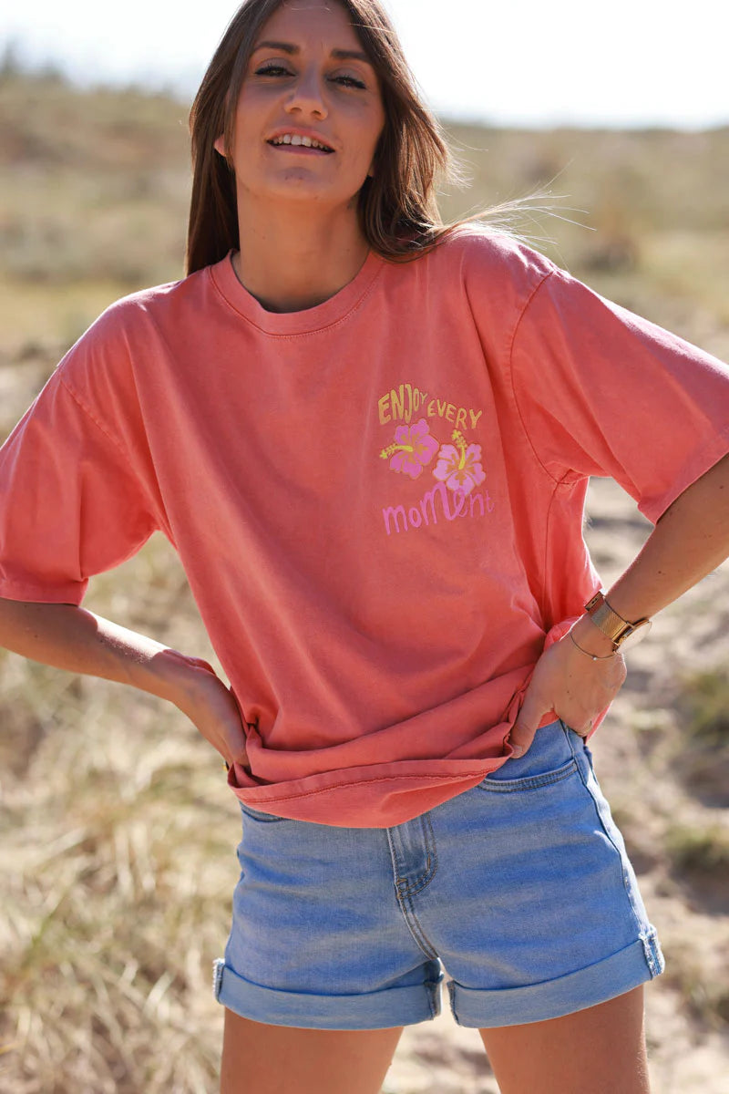 Coral “Enjoy Every Moment” Hibiscus Tee