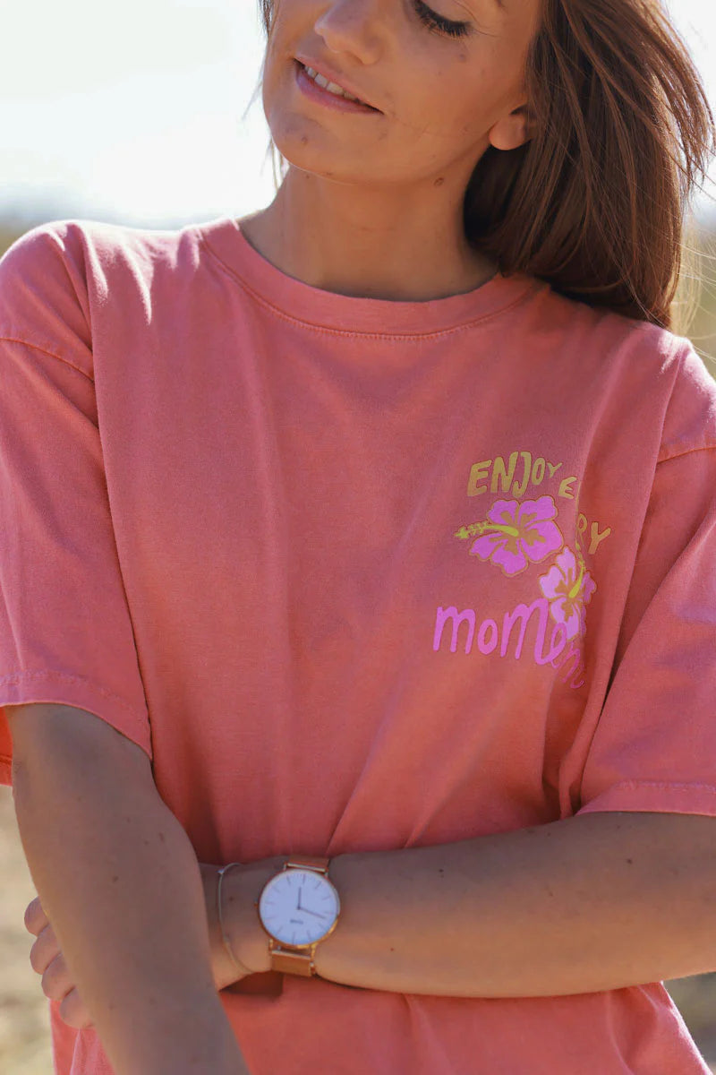 Coral “Enjoy Every Moment” Hibiscus Tee
