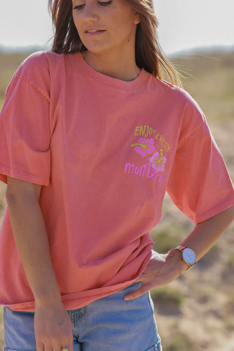 Coral “Enjoy Every Moment” Hibiscus Tee