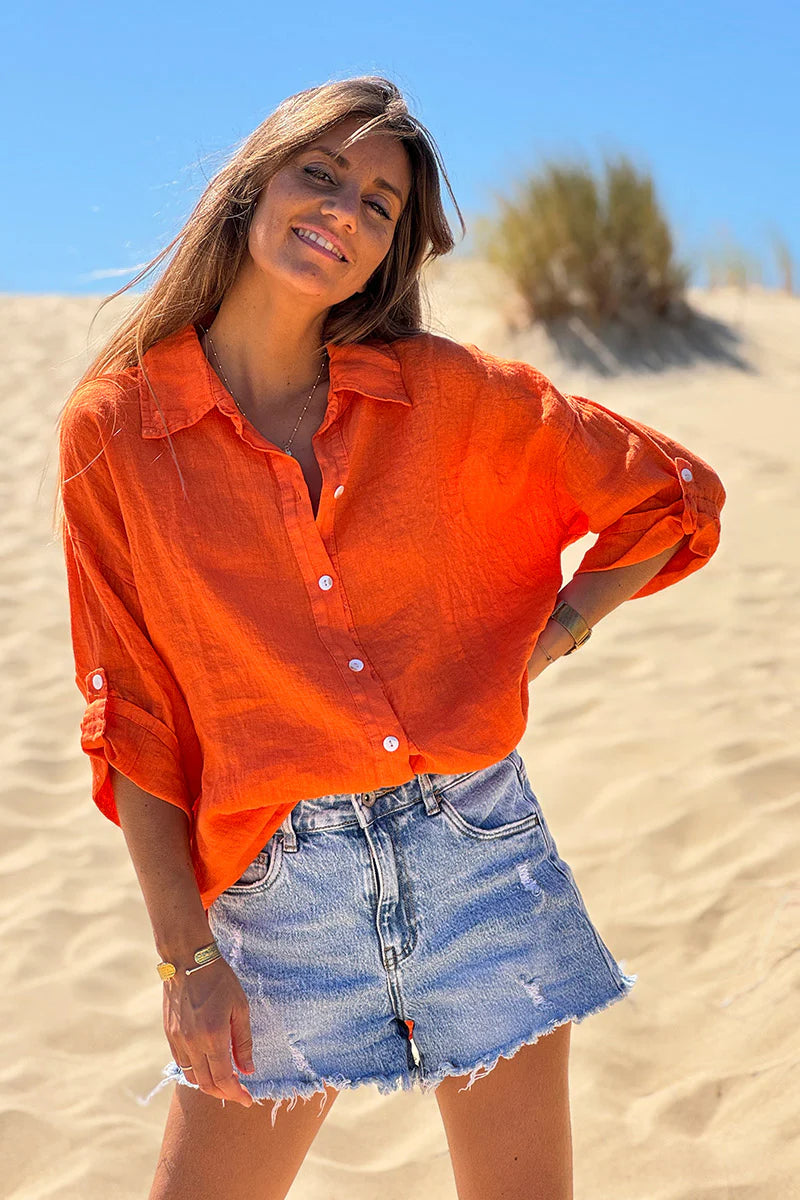 Coral Roll-Cuff Button-Down Blouse