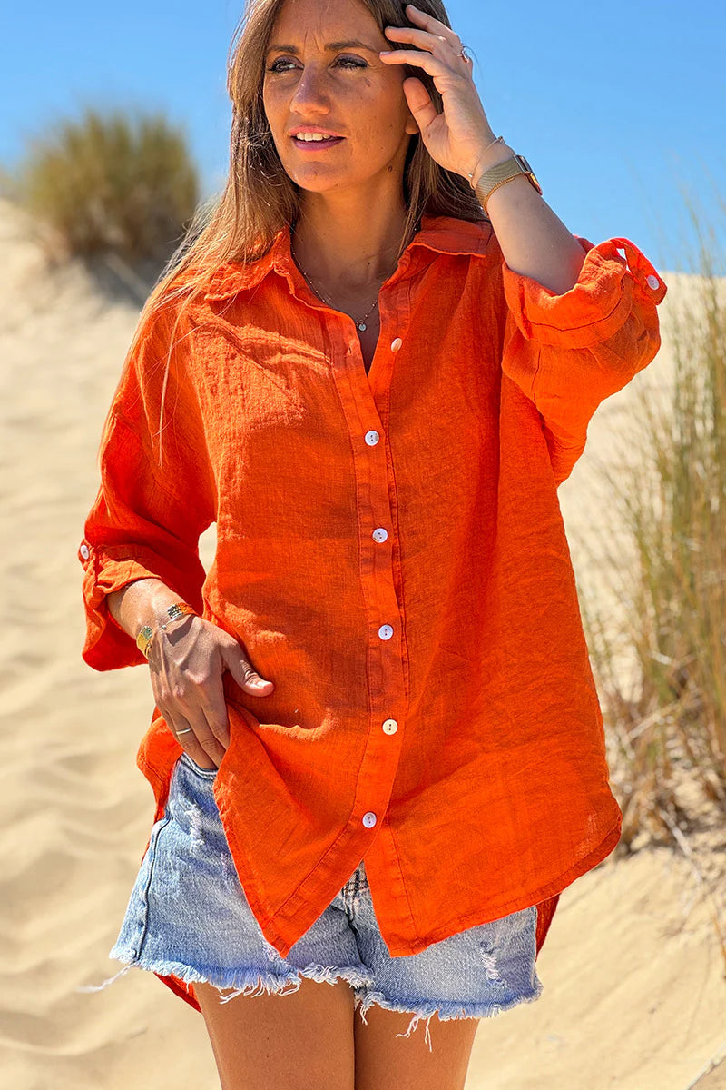 Coral Roll-Cuff Button-Down Blouse