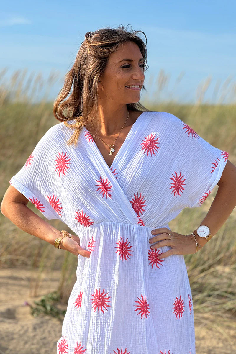 Coral Sunburst Gauze Dress