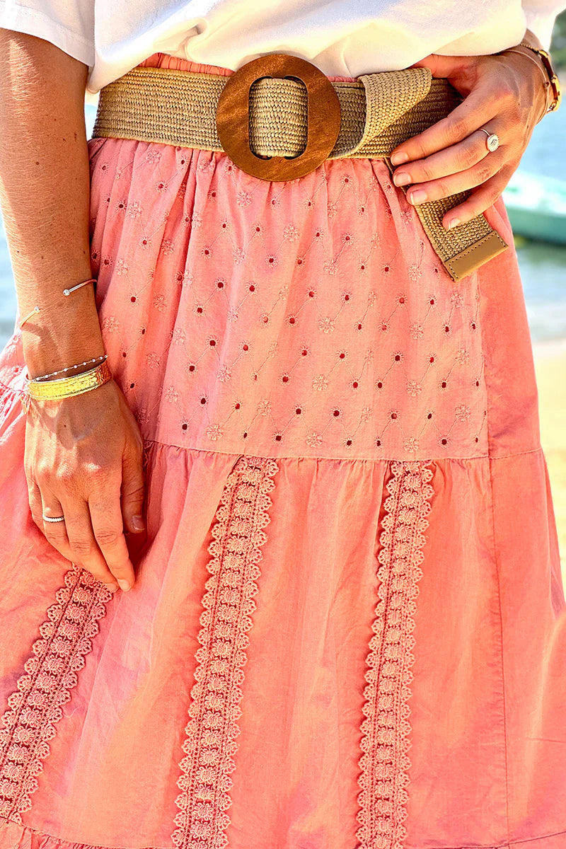 Coral Tiered Eyelet Boho Skirt
