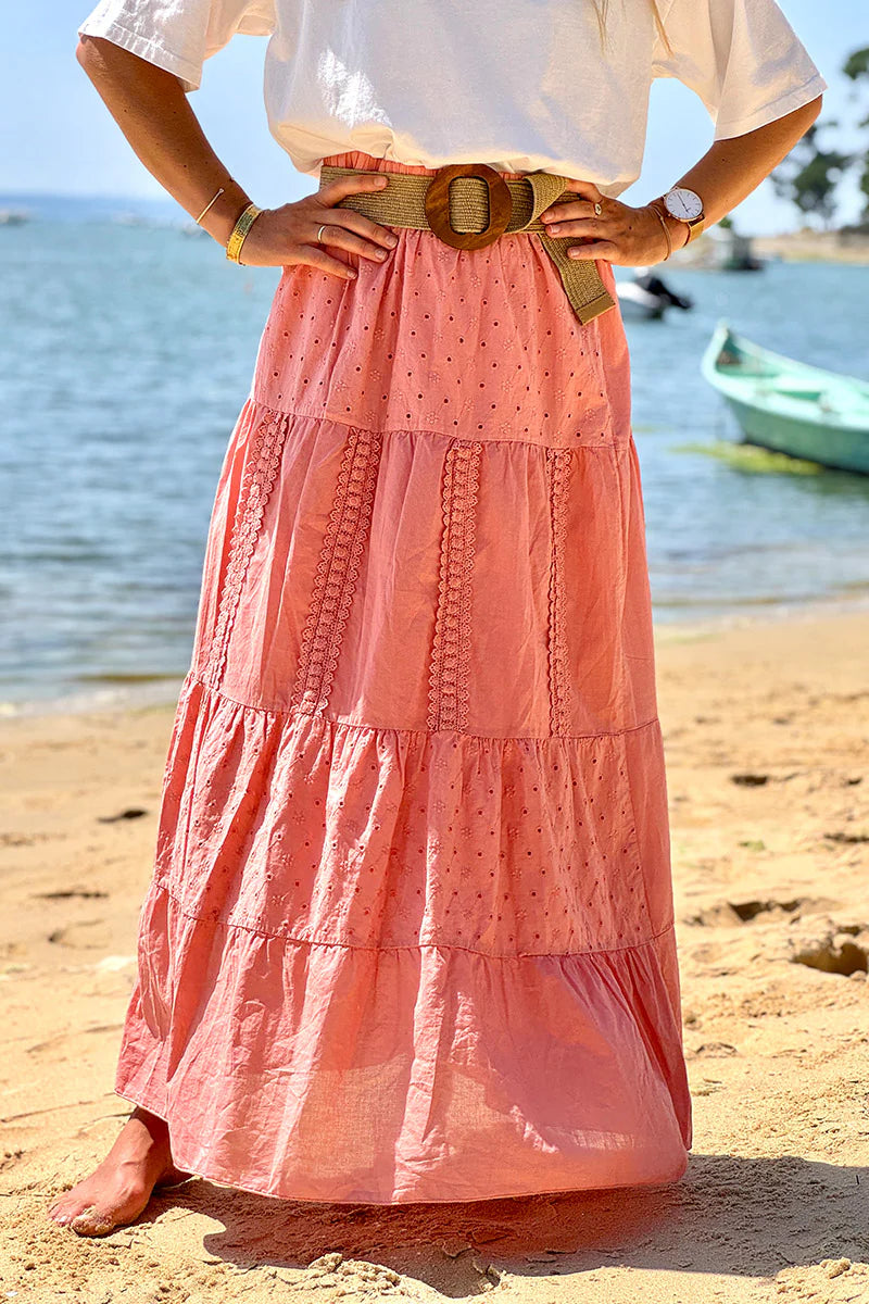 Coral Tiered Eyelet Boho Skirt