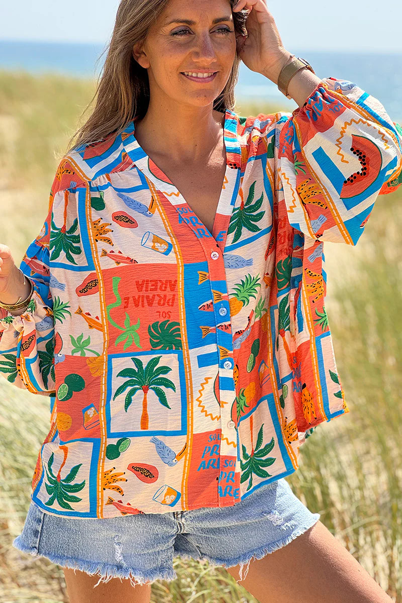 Coral Tropical Block Button-Down Blouse