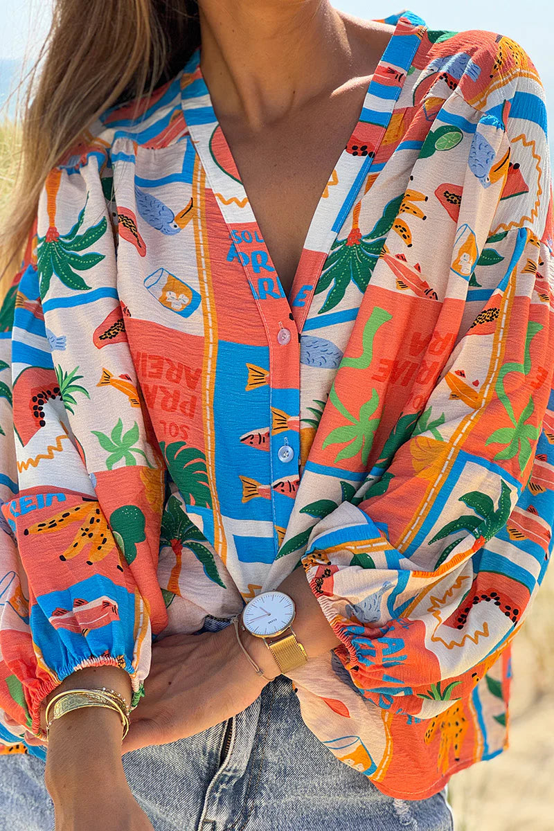 Coral Tropical Block Button-Down Blouse