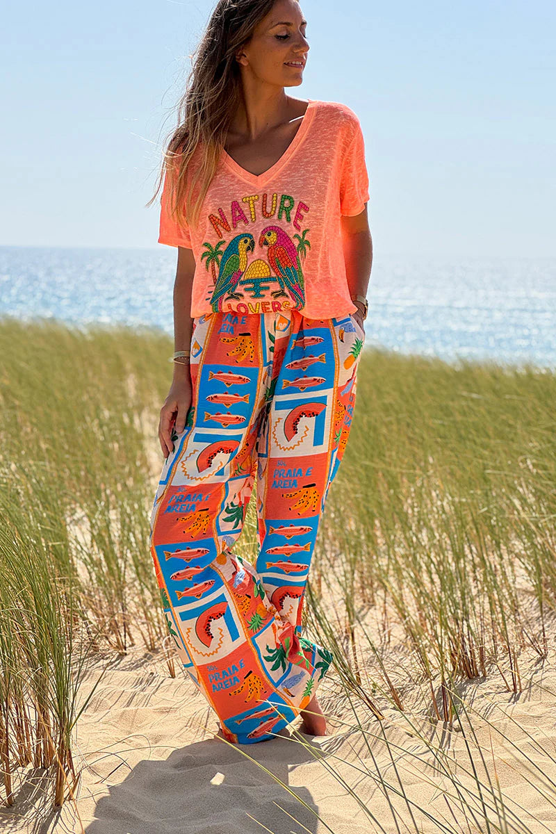 Coral Tropical Block Pull-On Pants