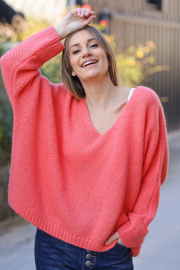 Coral Woollen V-Neck Sweater with Batwing Sleeves