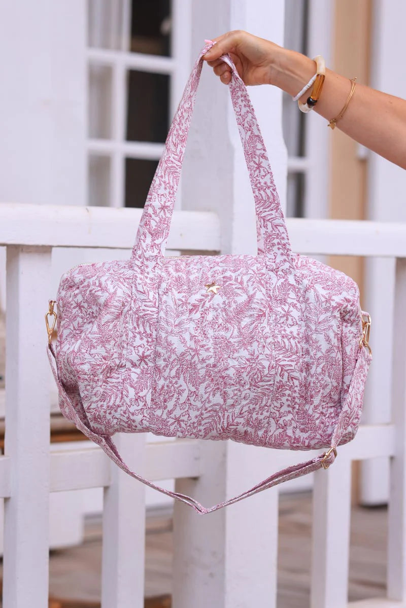 Cotton gauze bowling bag with fuchsia flower toile de jouy print