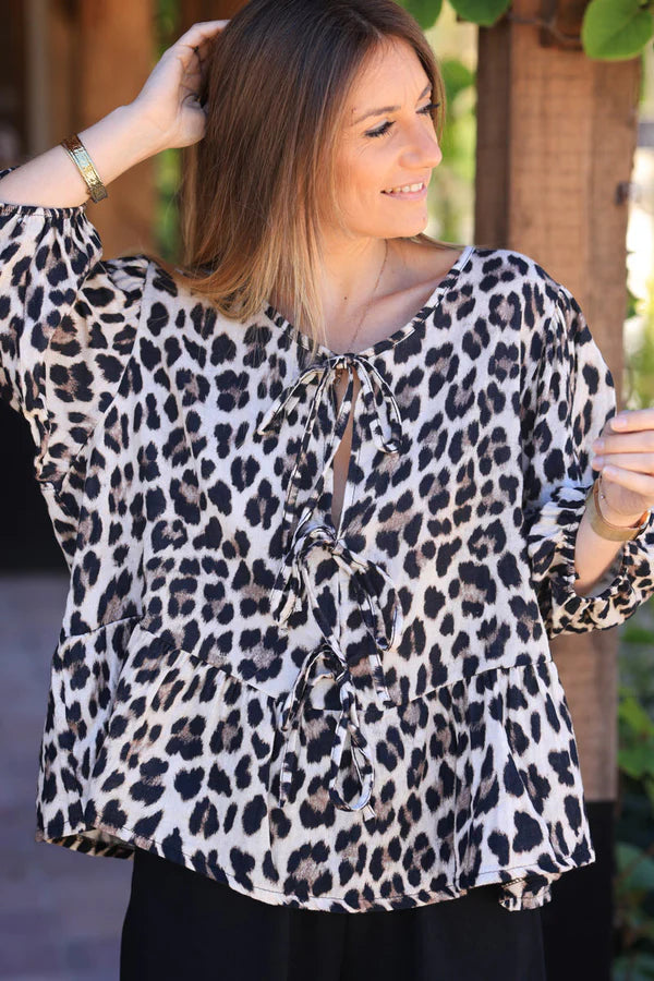 Cotton leopard print flare tie front blouse