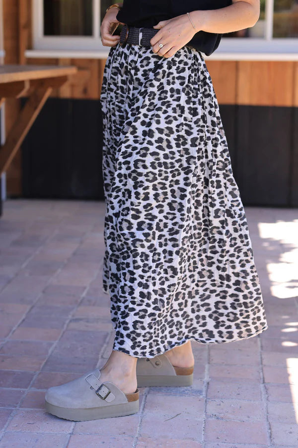 Cotton leopard print midi skirt with raphia belt