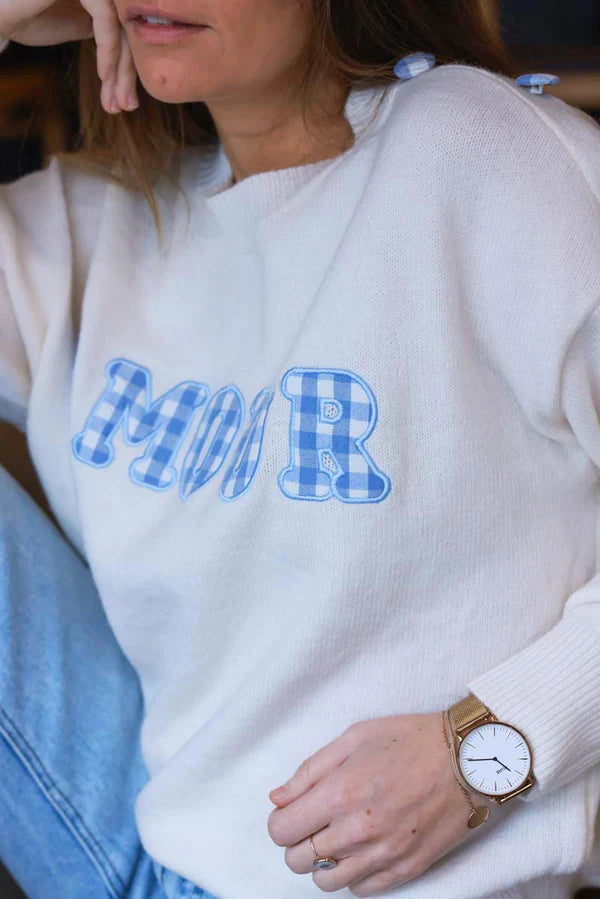 Cream “Amour” Blue Gingham Motif Sweater