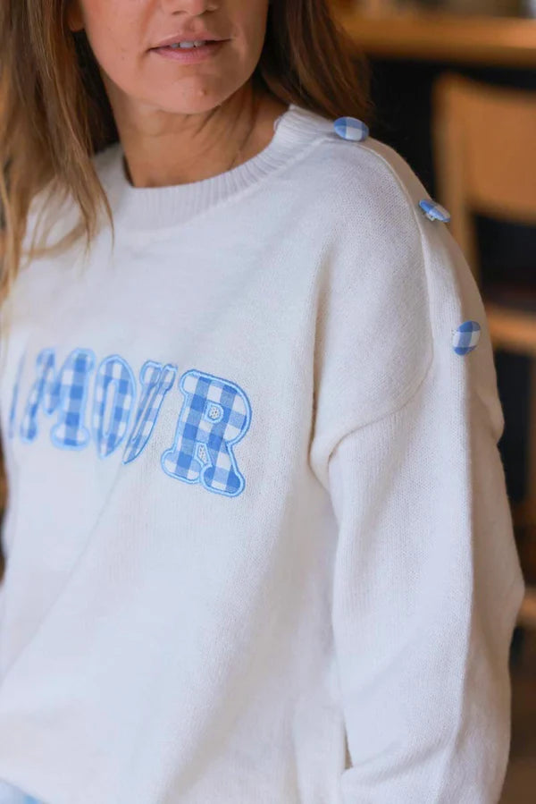 Cream “Amour” Blue Gingham Motif Sweater