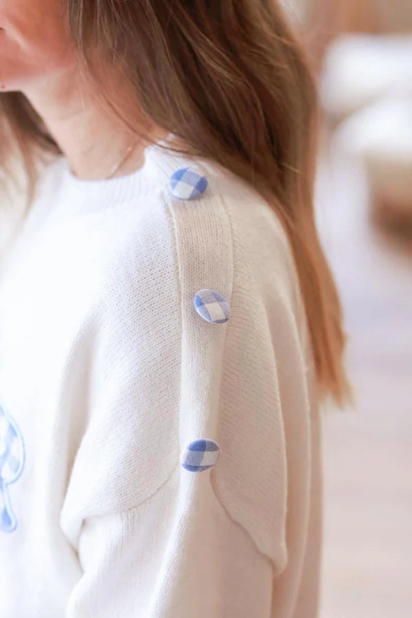 Cream “Amour” Blue Gingham Motif Sweater