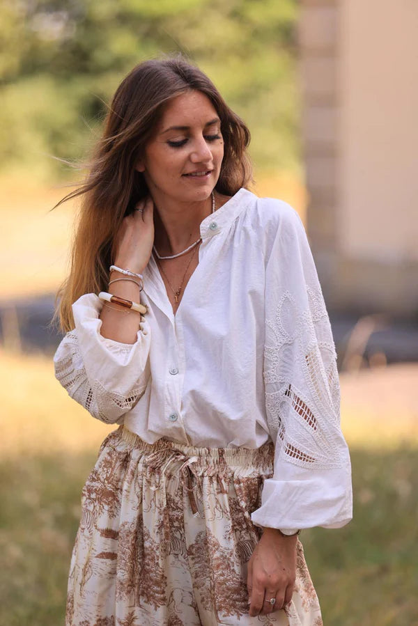 Cream Blouse with Open Crochet Sleeves