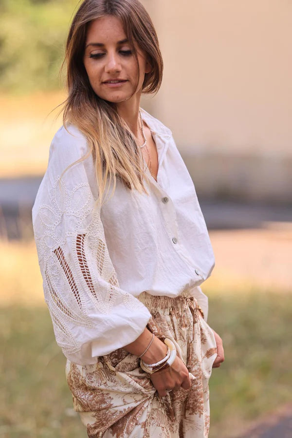 Cream Blouse with Open Crochet Sleeves