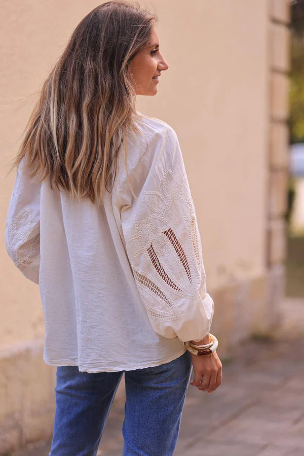 Cream Blouse with Open Crochet Sleeves