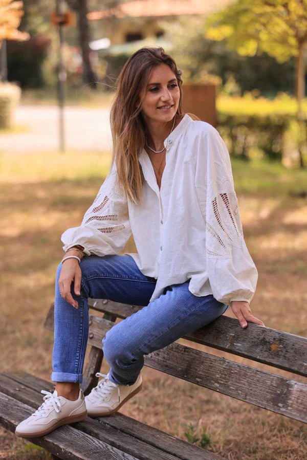 Cream Blouse with Open Crochet Sleeves