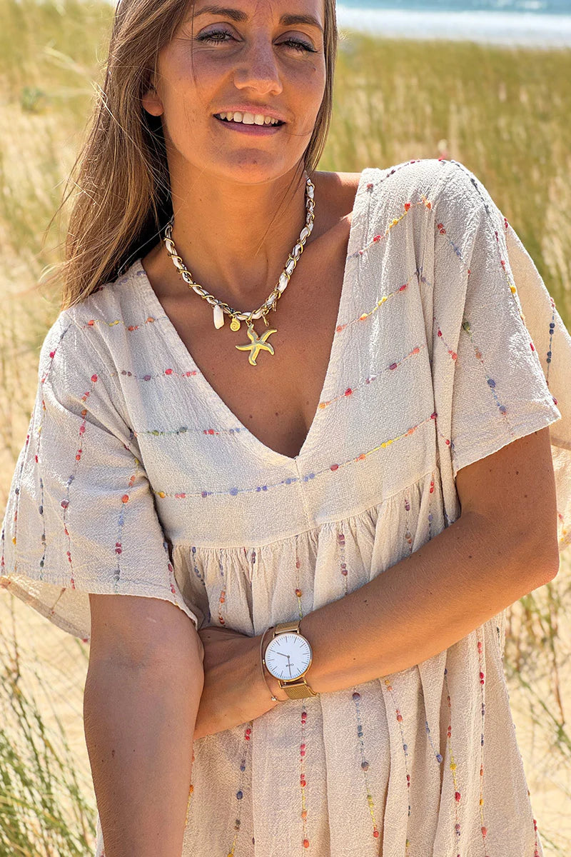 Cream Boucle Stripe Gauze Dress