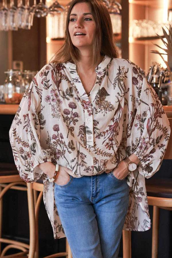 Cream and Burgundy Botanical Cotton Blouse