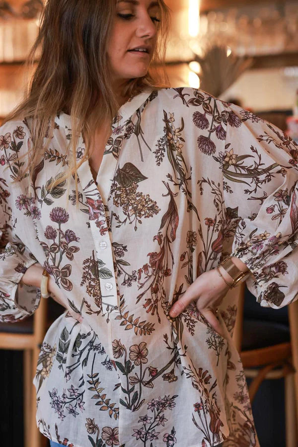 Cream and Burgundy Botanical Cotton Blouse