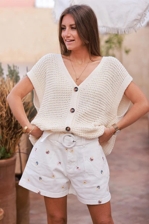 Cream Chunky Knit Cap-Sleeve Cardigan