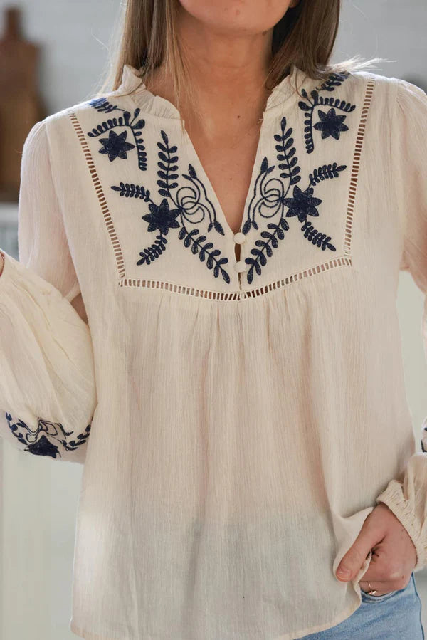 Cream Cotton Embroidered Boho Blouse