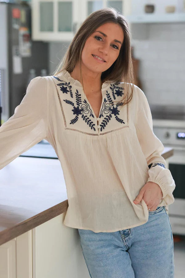 Cream Cotton Embroidered Boho Blouse