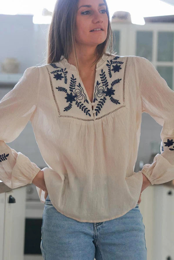 Cream Cotton Embroidered Boho Blouse