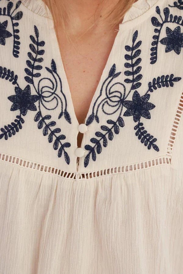 Cream Cotton Embroidered Boho Blouse