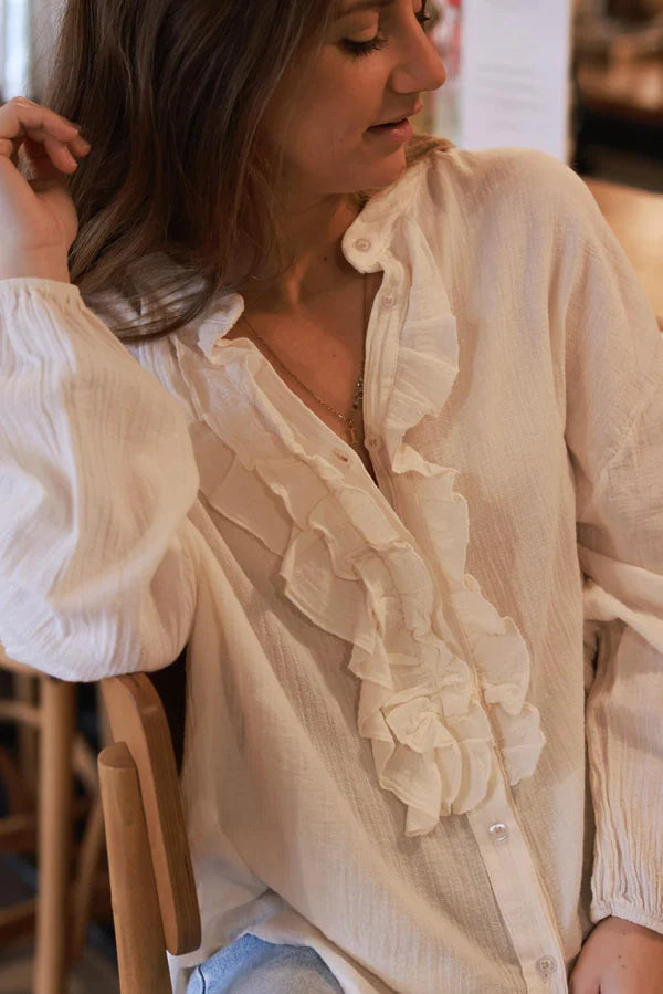 Cream Cotton Gauze Ruffled Blouse