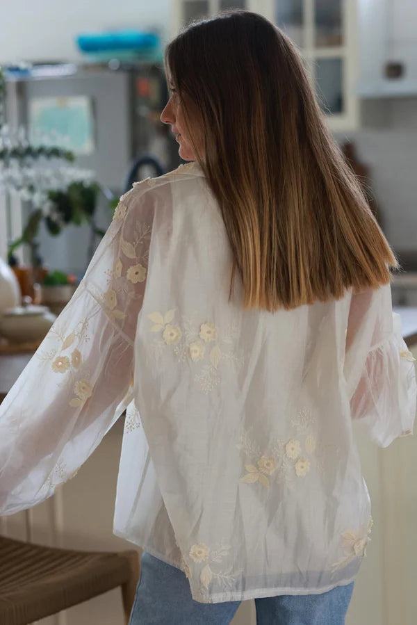 Cream Embroidered Floral Silken Blouse