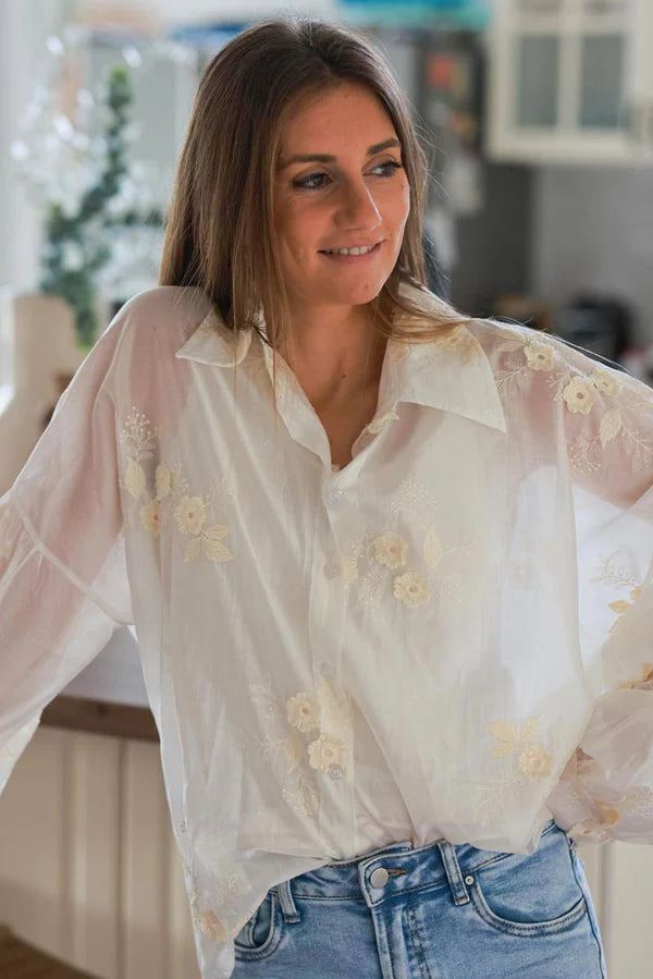 Cream Embroidered Floral Silken Blouse