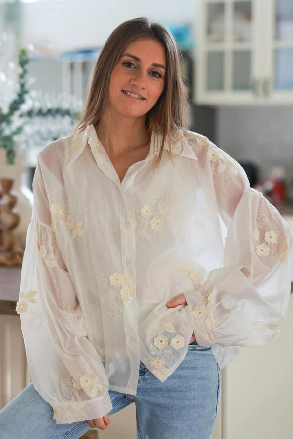 Cream Embroidered Floral Silken Blouse