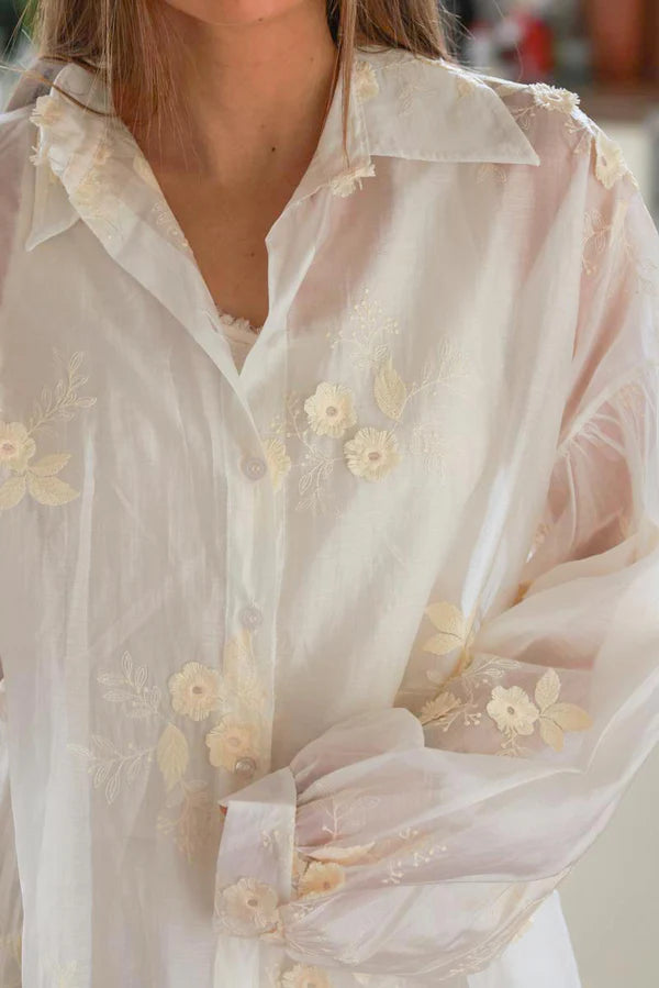 Cream Embroidered Floral Silken Blouse