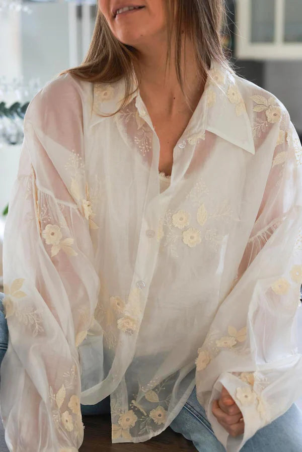 Cream Embroidered Floral Silken Blouse